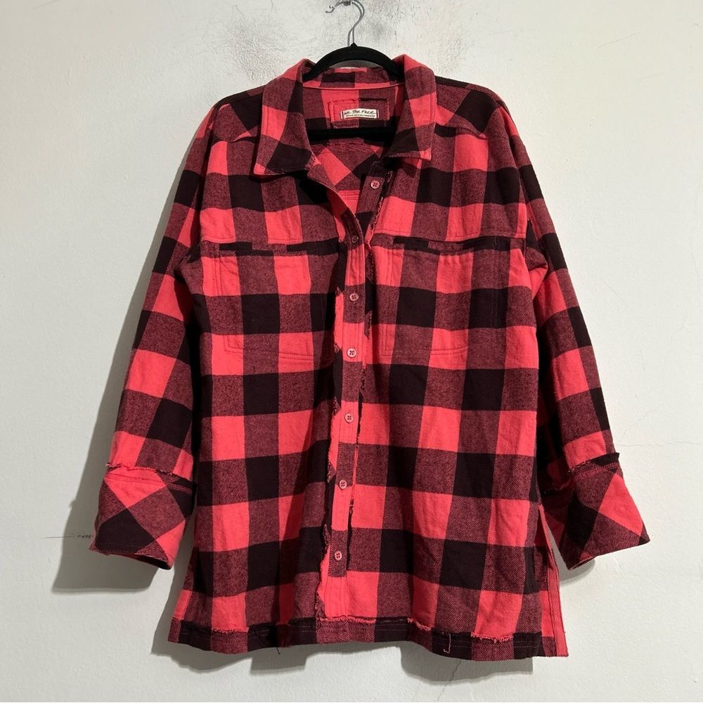 Free People So Long Summer Buffalo Plaid Shacket Shirt Jacket Pink Black Grunge